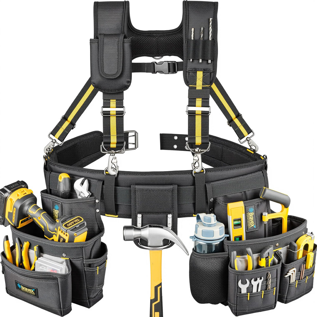 Bravex Tool Belt Suspenders - Pro Ultra Anti-wear 20 Bags Y-Style Tool Belts 5 Combo Apron Tool Pouc