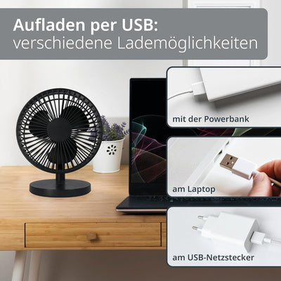 ADE Ventilator sehr leise | USB Tischventilator 3 Stufen | Akku bis 7,5 h Laufzeit | 2.000 mAh | 180