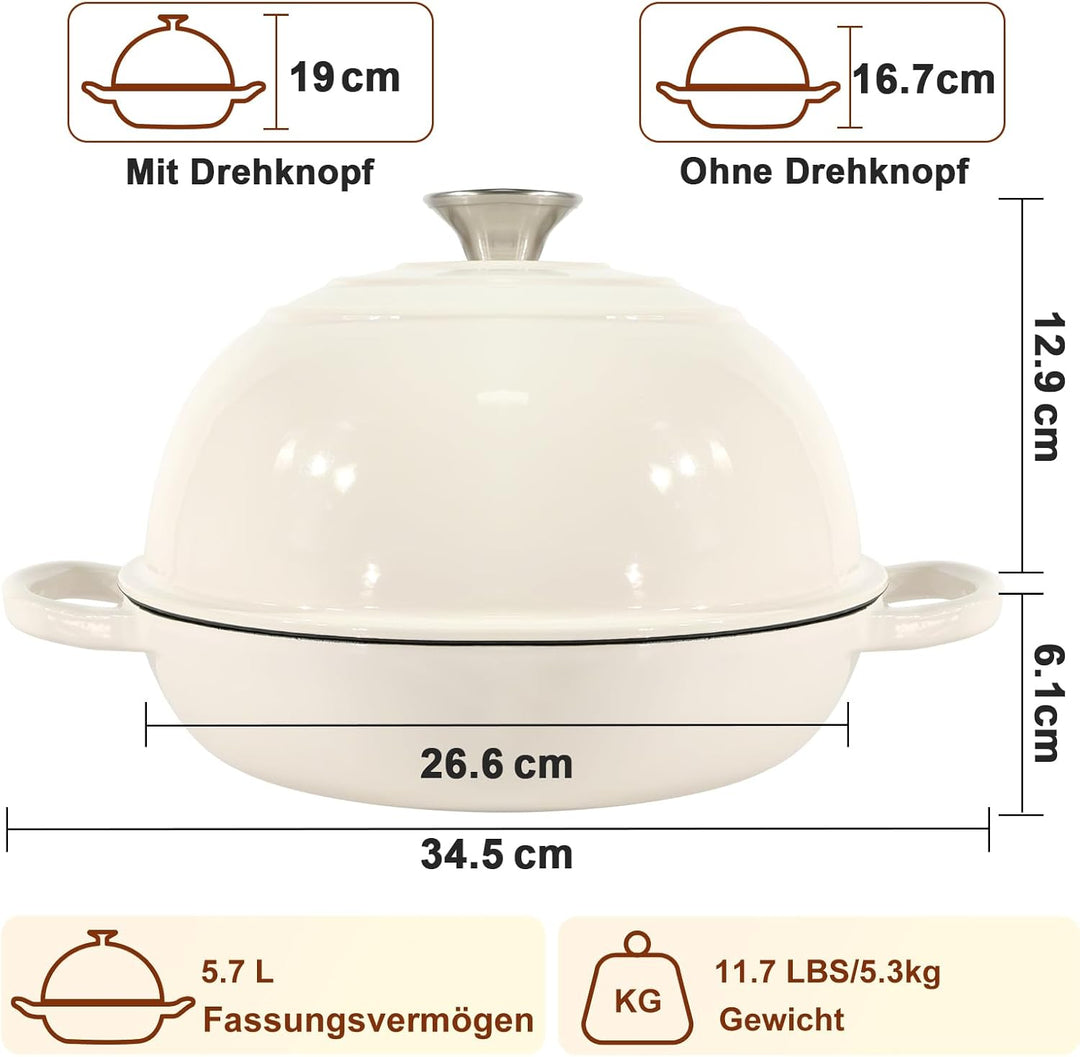 Gusseisen Topf Brot Backen, 5,7L Bräter Emaille Schmortopf mit Deckel und Griffen,26 cm Dutch Oven,