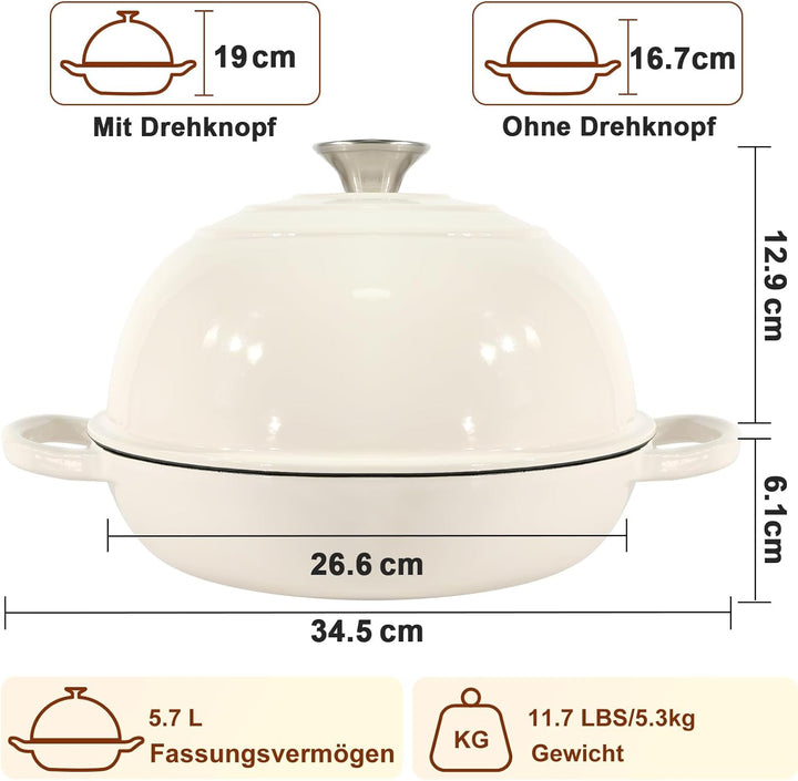 Gusseisen Topf Brot Backen, 5,7L Bräter Emaille Schmortopf mit Deckel und Griffen,26 cm Dutch Oven,