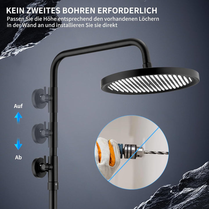 HOMELODY Duschsystem mit Thermostat Schwarz, Duscharmatur Komplettset mit Filter, 25cm Kopfbrause Re