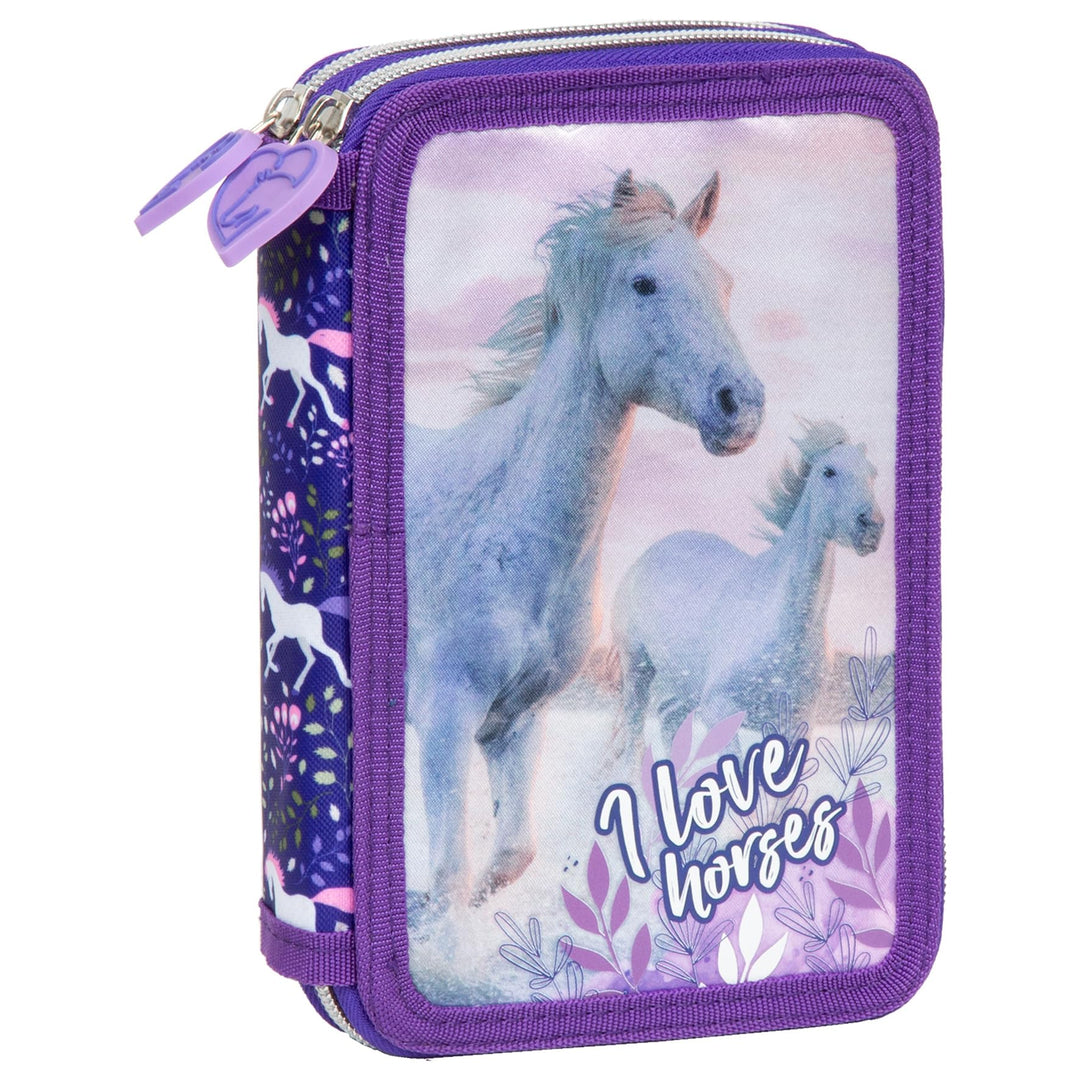 Mädchen Kinder Pferde Pony Horse 2-Fach Federtasche Federmappe Schlamper 27 TLG. gefüllt (KO23), lil