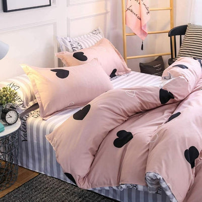 Freyamy Bettwäsche 200x220cm 3teilig Rosa Schwarz Herz Bettwaren-Sets Gebürstet Microfaser Weiche We