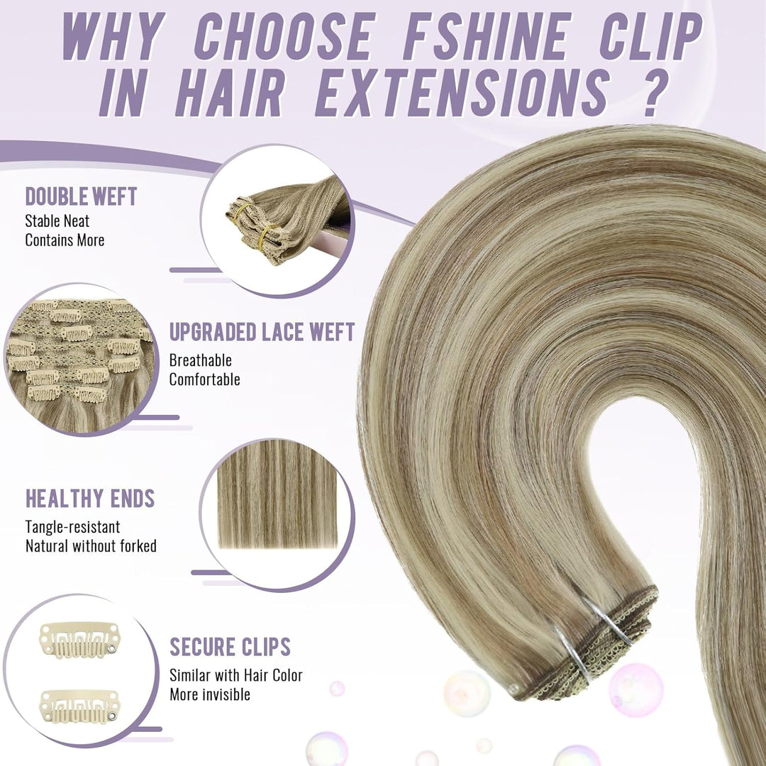 Fshine Clip in Highlight Extensions Echthaar 7Stück/120g Doppelt Tressen Für Vollen Kopf Echthaar Cl