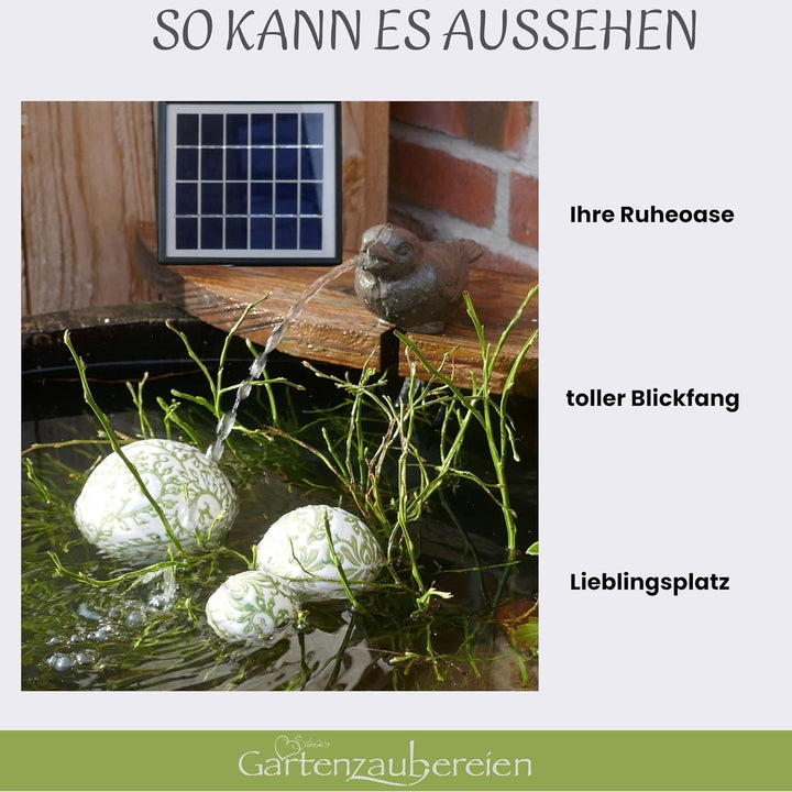 Storm's Gartenzaubereien Wasserspeier Spatz mit Solar- Pumpe, 2 Wahl Gusseisen für Miniteich