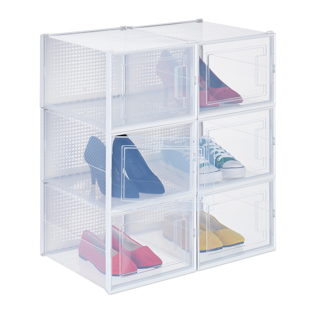 Relaxdays Schuhboxen 6er Pack, mit Tür, Schuhorganizer, stapelbar, Schuhe bis Grösse 48, Lüftungssch