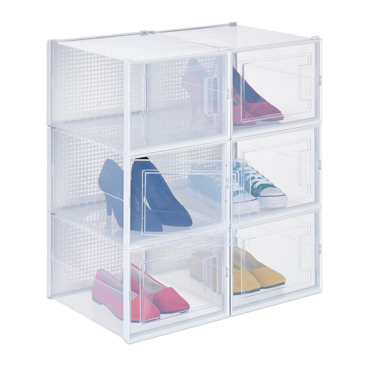 Relaxdays Schuhboxen 6er Pack, mit Tür, Schuhorganizer, stapelbar, Schuhe bis Grösse 48, Lüftungssch