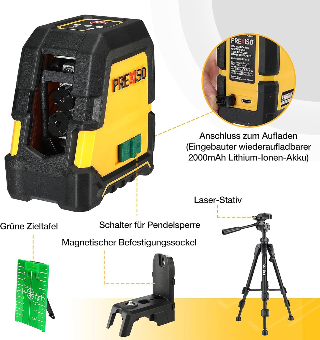 PREXISO Kreuzlinienlaser mit Stativ Grün 30m, Selbstnivellierend Linienlaser mit Dualem Lasermodul,