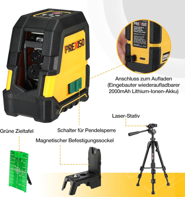 PREXISO Kreuzlinienlaser mit Stativ Grün 30m, Selbstnivellierend Linienlaser mit Dualem Lasermodul,