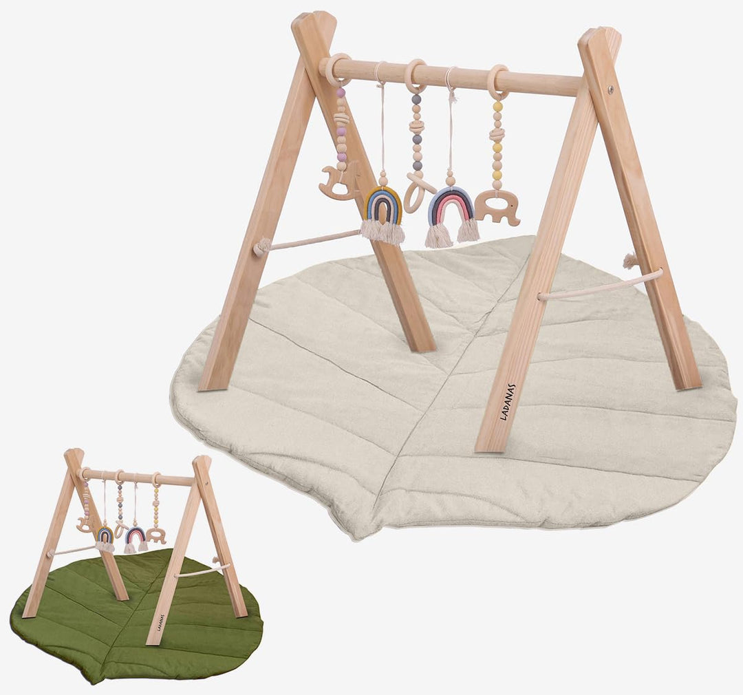 Ladanas Spielbogen Baby aus Holz inkl. 5 Spielzeugen & doppelseitiger Spielmatte – Stabiler & Klappb