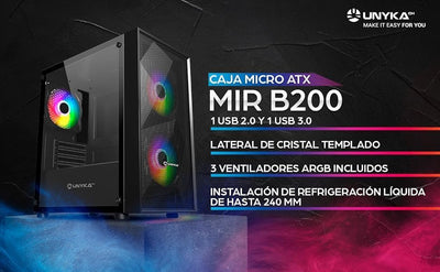 UNYKAch Micro ATX Gaming Mir B200 Gehäuse, gehärtetes Glas, DREI ARGB-Lüfter und DREI USB-Anschlüsse