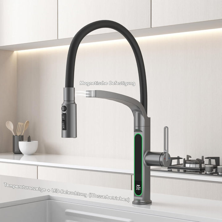 Wasserhahn Küche mit LED Temperaturanzeige, Herunterziehen Brause Drehung Küchenarmatur Spülarmature
