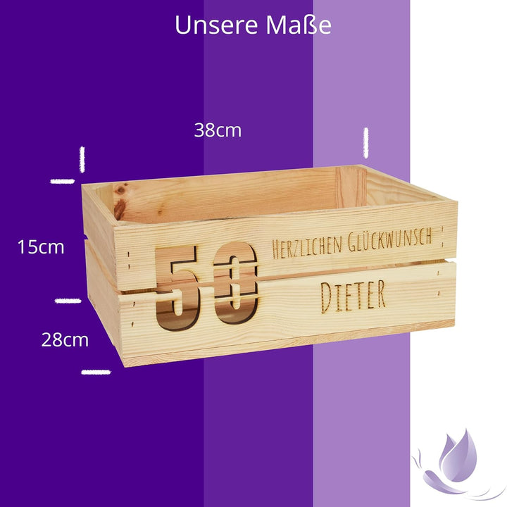 Holzkiste Personalisiert mit Wunschtext zum Runden Geburtstag - Gravierte Erinnerungskiste Hochzeit