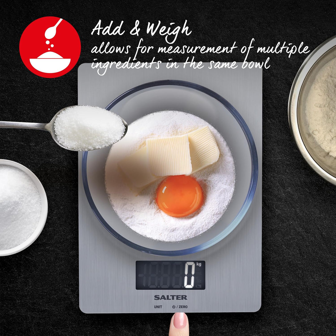 Salter Digitale Küchenwaage Edelstahl – 5 kg Kapazität, LCD Display, Aquatronic Flüssigkeitsmessung