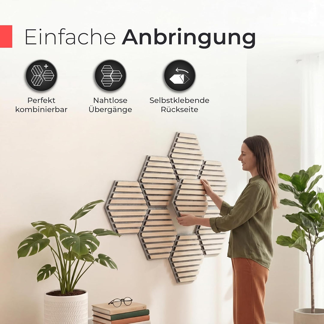 Akustikpaneele Holz selbstklebend – 3er-Set | Echtholz Eiche & Akustikfilz Grau | Hexagon 30x26cm –