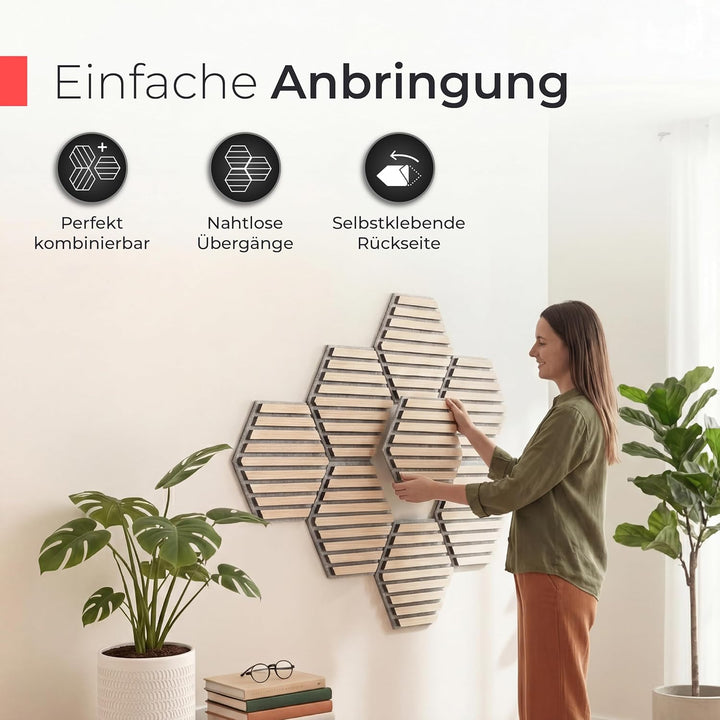 Akustikpaneele Holz selbstklebend – 3er-Set | Echtholz Eiche & Akustikfilz Grau | Hexagon 30x26cm –