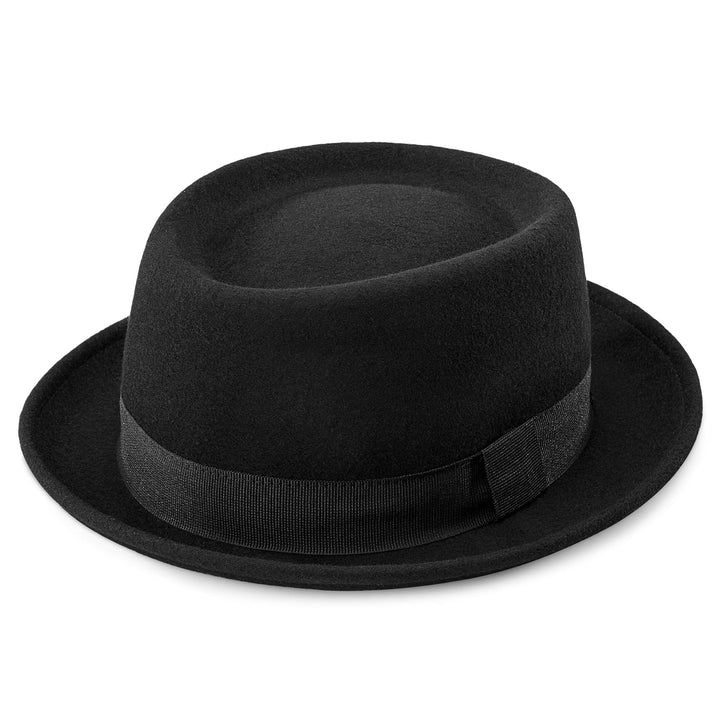Pork Pie Hut für Herren, schwarze Wolle, flache Oberseite, Fedora-Hut, Trilby-Hut, Unisex, Porkpie-H
