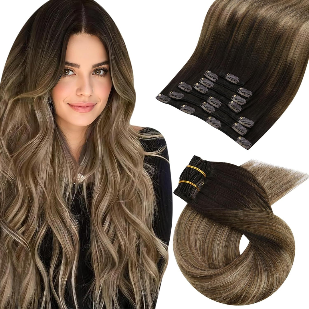 Moresoo Clip in Extensions Echthaar Balayage Braun mit Dunkelblond Remy Echthaar Extensions Clip 45c