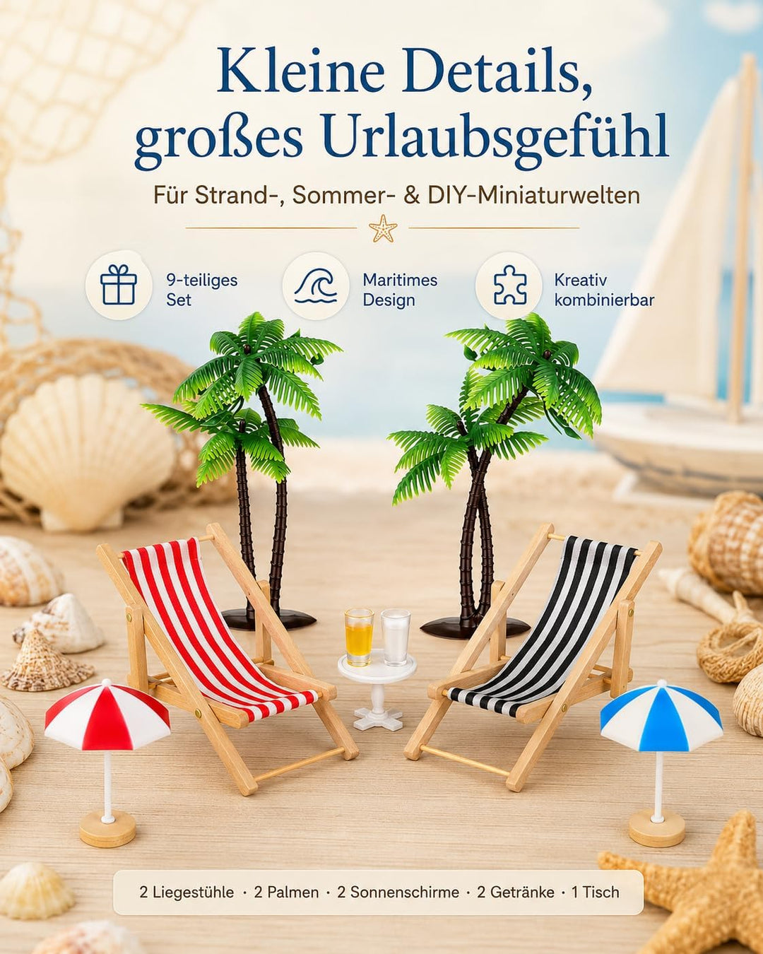 Hemobllo 9 Stück Miniatur Strand Deko Set, Mini Liegestuhl Palme Sonnenschirm Zubehör für DIY Sommer