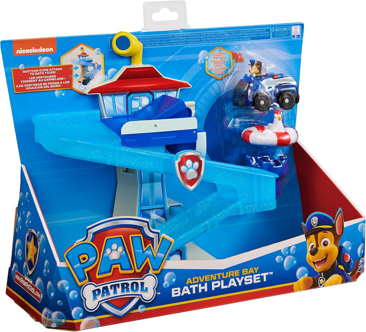 PAW Patrol 6060970 Adventure Bay Spielset mit beleuchtetem Jagdfahrzeug, Badespielzeug für Kinder ab