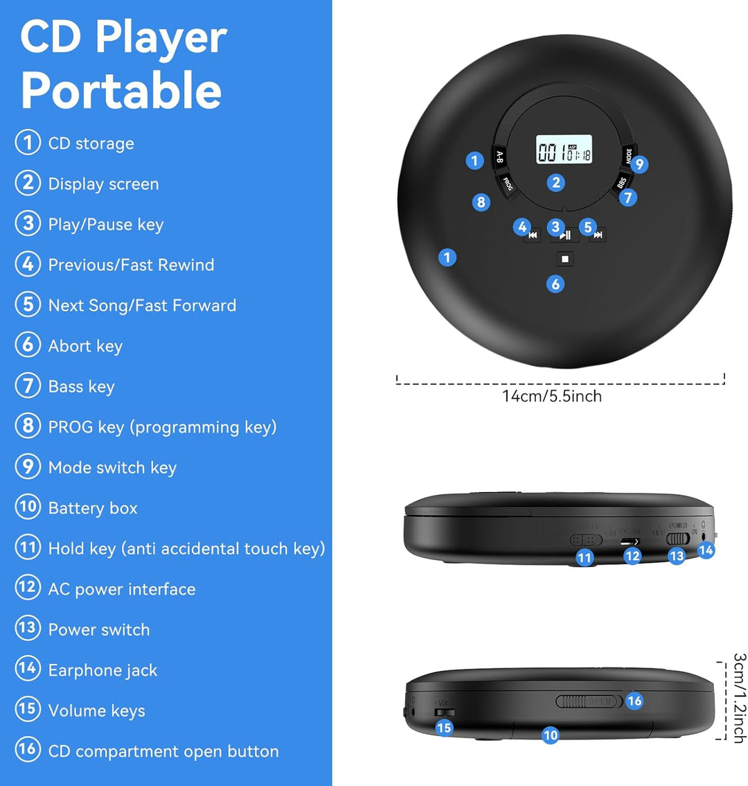 Gueray Tragbarer CD Player Tragbar CD Players Kinder CD-Player HiFi Discman mit Kopfhörer LCD-Displa