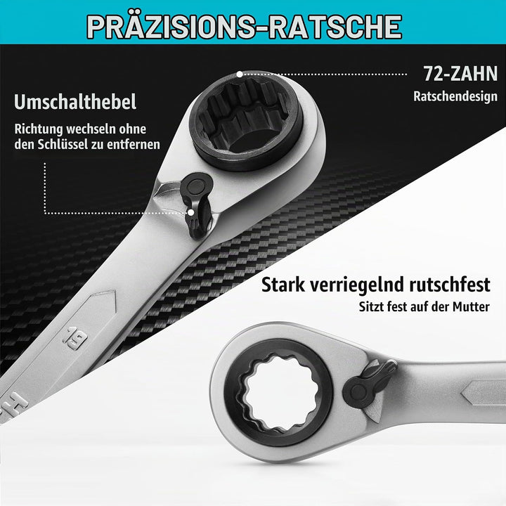 DURATECH 4-in-1 Doppel-Ratschenringschlüssel, 10 x 19 mm - 13 x 17 mm