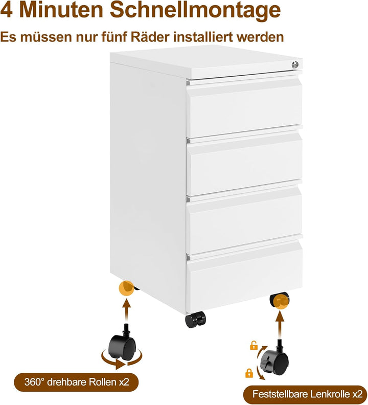 HOMSTEEL Rollcontainer, Mobiler Aktenschrank mit Schloss, 4 Schlüssel, 4 Schubladen, Büroschrank aus