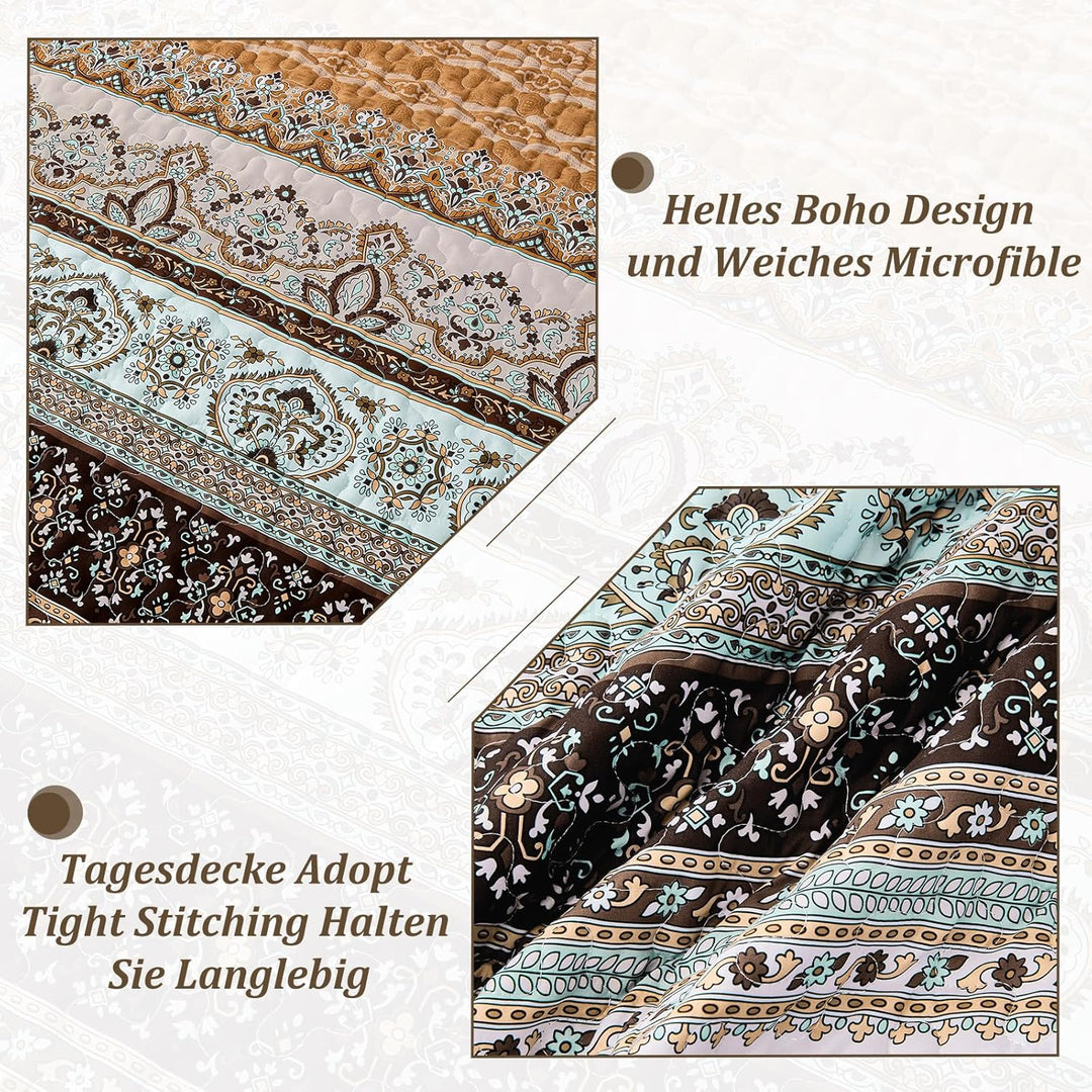 WONGS BEDDING Tagesdecke 220x240 Bettüberwurf Boho Decke Steppdecke 3 Teilig Doppelbett Gesteppt Bet