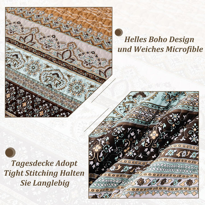 WONGS BEDDING Tagesdecke 220x240 Bettüberwurf Boho Decke Steppdecke 3 Teilig Doppelbett Gesteppt Bet