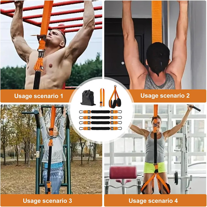 Klimmzugband Set, 4 Widerstandsbänder für Klimmzüge (75-300 lbs) mit Verstellbarer Höhe &amp; Fussstützp