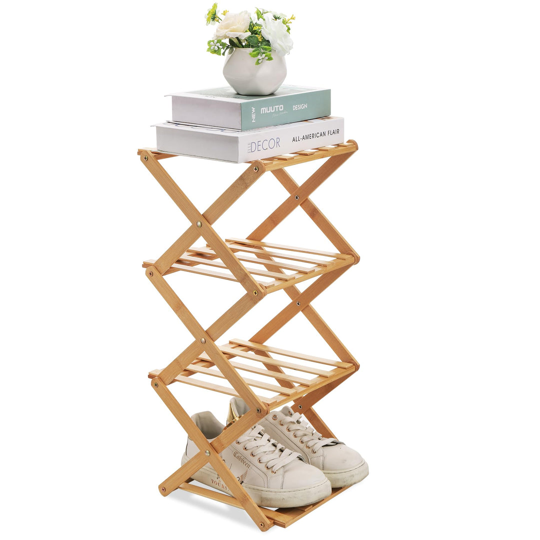 Fentar Schuhregal Schmal, 4 Ebenen Schuhregal Bambus Schuh Organizer, Kleines Klappregal, Mini Regal