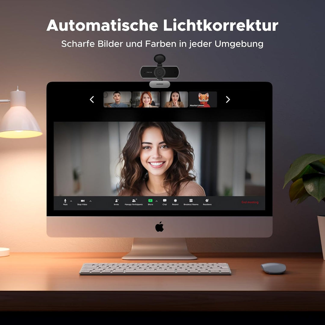 UGREEN Webcam 2K, USB A Webcam mit Mikrofo, Kamera PC, Fixfokus, 80°Sichtfeld, Kamera mit Privacy Co