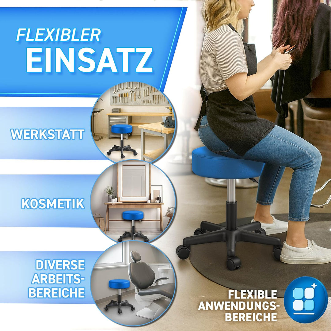 TRESKO® Rollhocker mit Lehne höhenverstellbar 10cm Dicke Polsterung Drehbar | Hocker 46-58cm | Arbei
