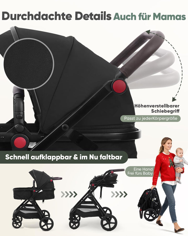 Sekey Kombi Kinderwagen Baby 3 in 1 Komplettset mit Regenschutz und Moskitonetz, Kinderwagen mit Lie