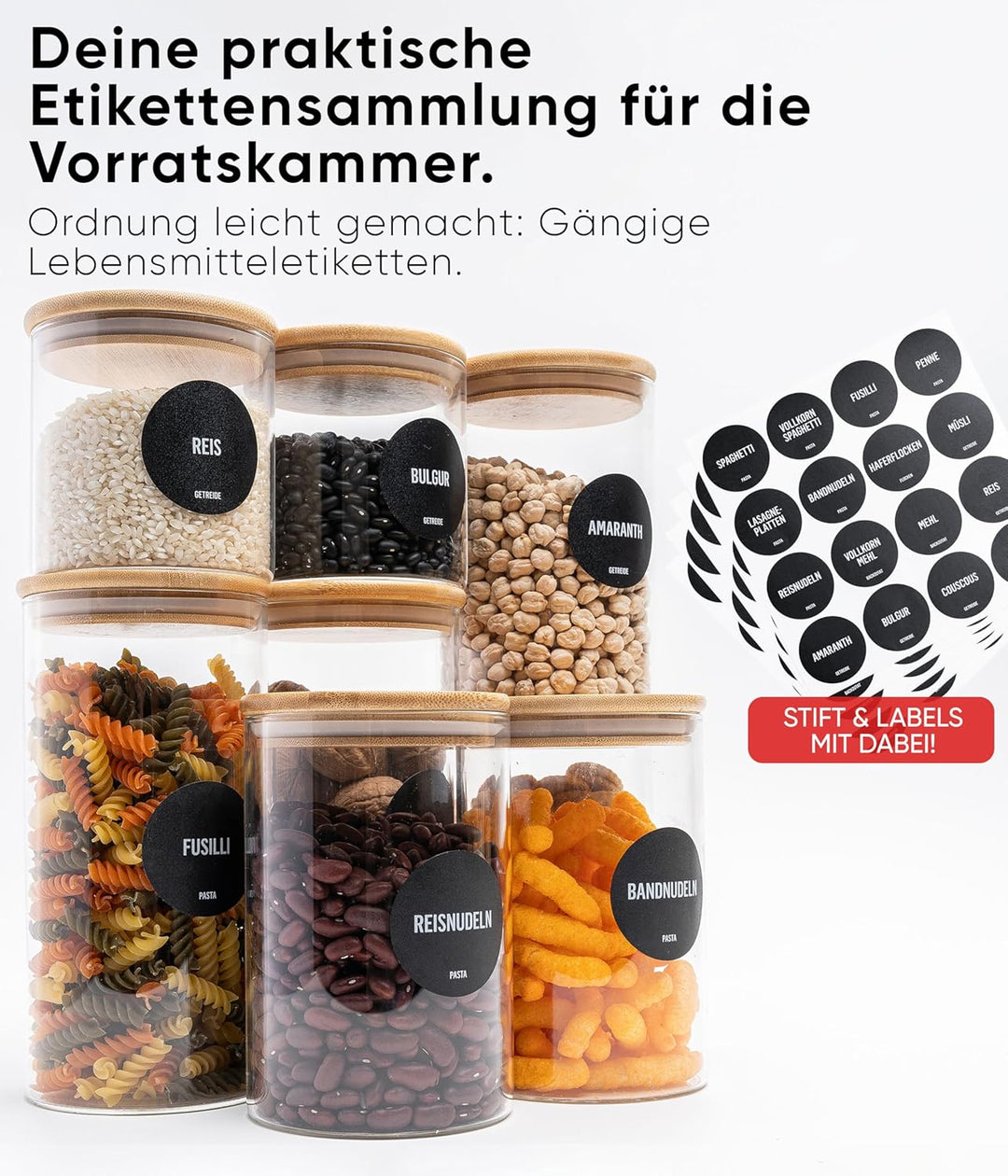 Deco haus® Vorratsgläser mit Deckel 6er Set [+ETIKETTEN] - Für Müsli, Cornflakes, Zucker, Mehl - Vor