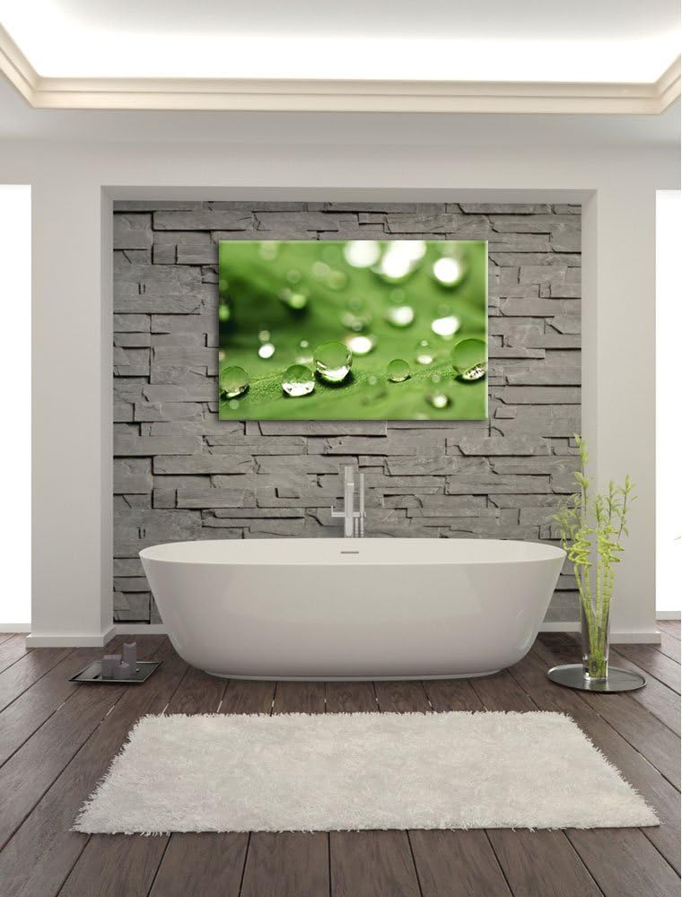 Pixxprint Wassertropfen auf Blatt auf Leinwand, XXL riesige Bilder fertig gerahmt mit Keilrahmen, Ku