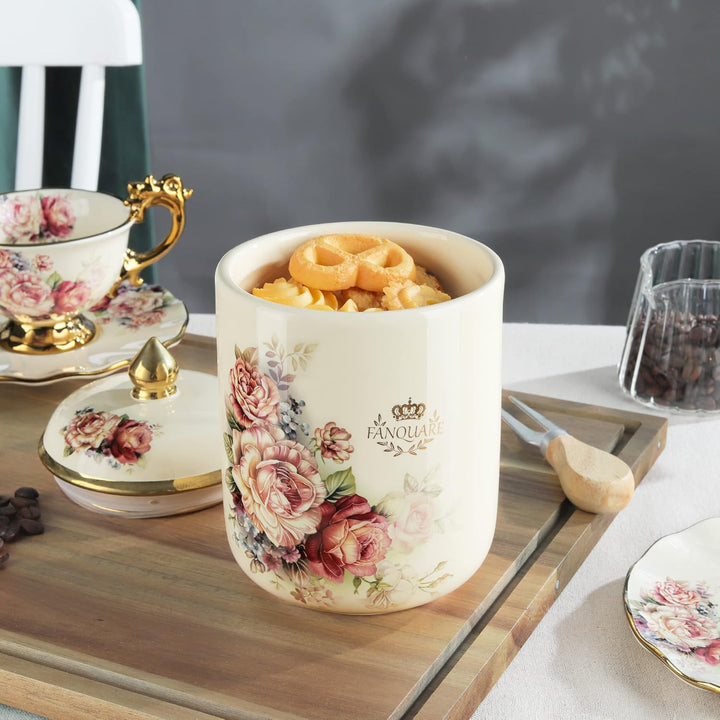 fanquare Plätzchendose Porzellan Ø 19 cm, Vintage Blumen Muster Vorratsdose mit Deckel, Biscotti Dos