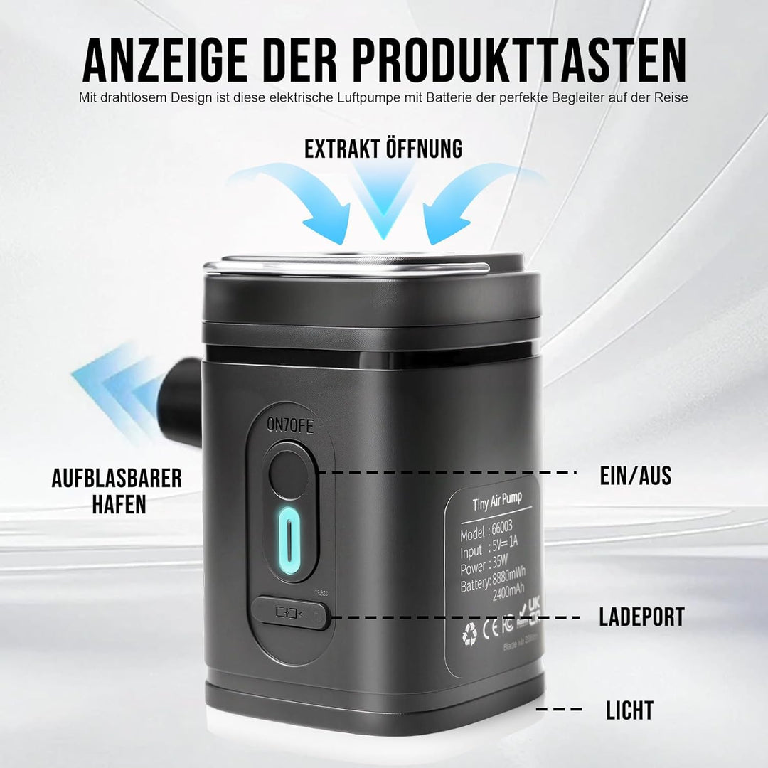 Elektrische Luftpumpe Akku, Luftmatratze Pumpe 2400mAh Wiederaufladbare, 3 in 1 Inflate und Deflate