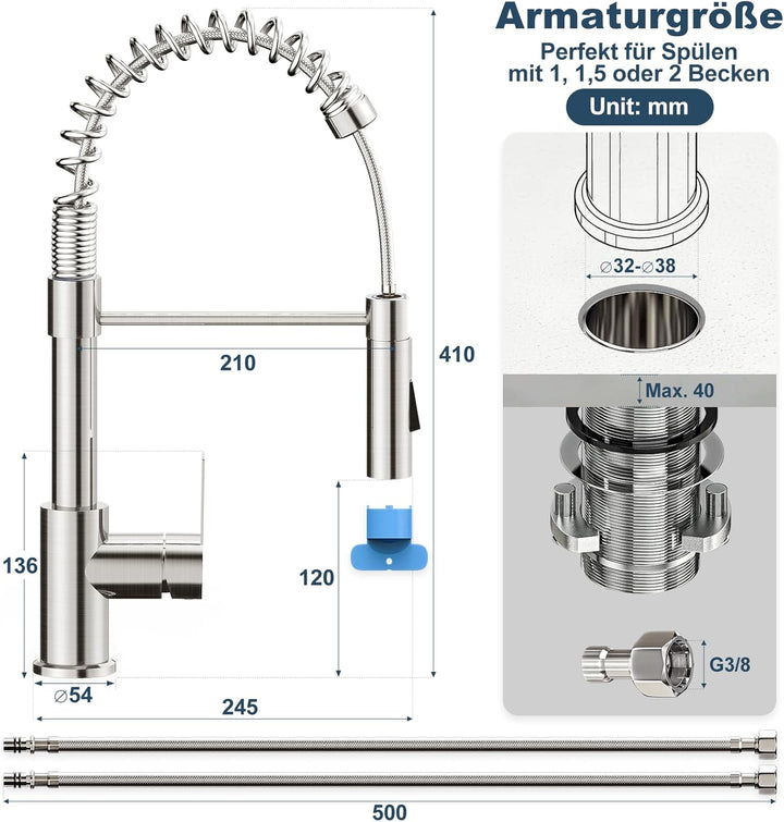Wasserhahn Küche, Lagontap Elegante Hochdruck Küchenarmatur mit Herunterziehbarer Brause, Zwei Sprüh