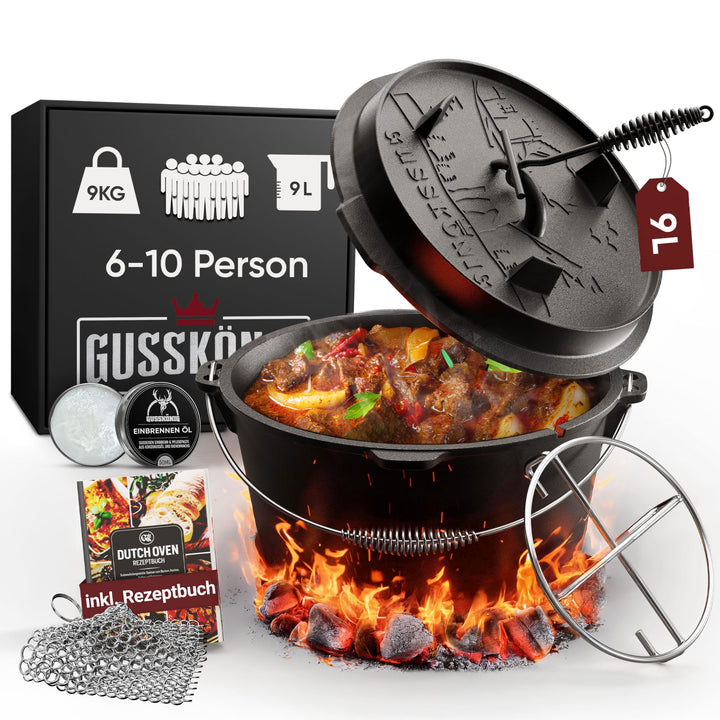 GUSSKÖNIG Dutch Oven Set [9L ] - Eingebrannter Feuertopf mit praktischem Deckelheber und Edelstahl U