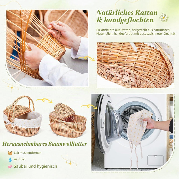 Picknickkorb, Picknickkorb mit Doppelt zu öffnendem Deckel und Klappbarem Griff, Handgewebter Korb m