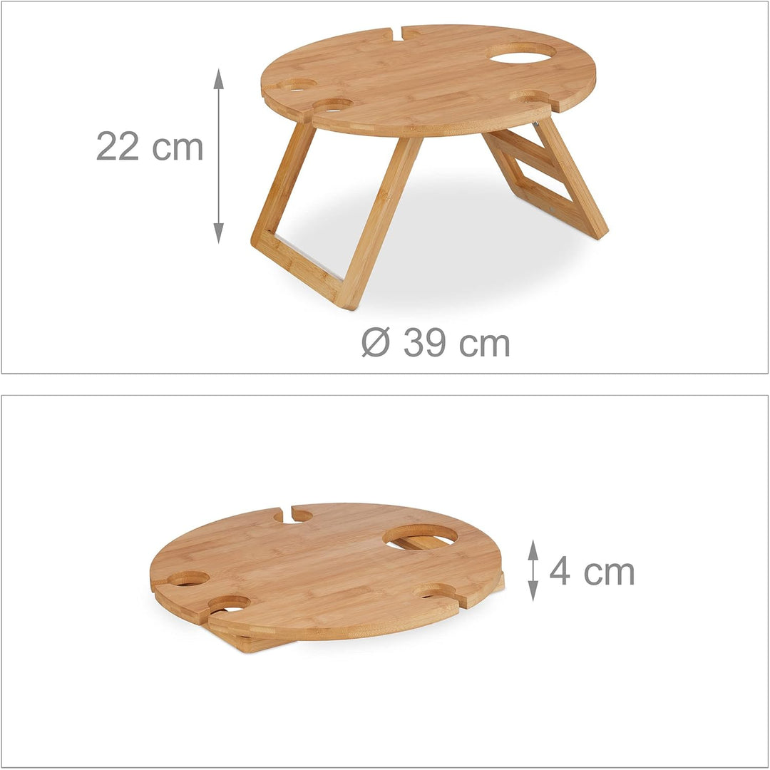 Relaxdays Picknick Weintisch, klappbar, HxD: 22x39cm, Getränkehalter 4 Weingläser &amp; 1 Flasche, Bambu