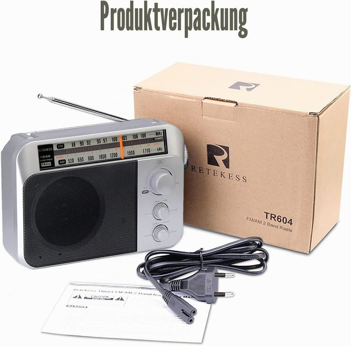 Retekess TR604 AM FM Radio,Tragbares Radio,Netzkabel oder Batteriebetrieb,Grosser Knopf,Grosser Laut