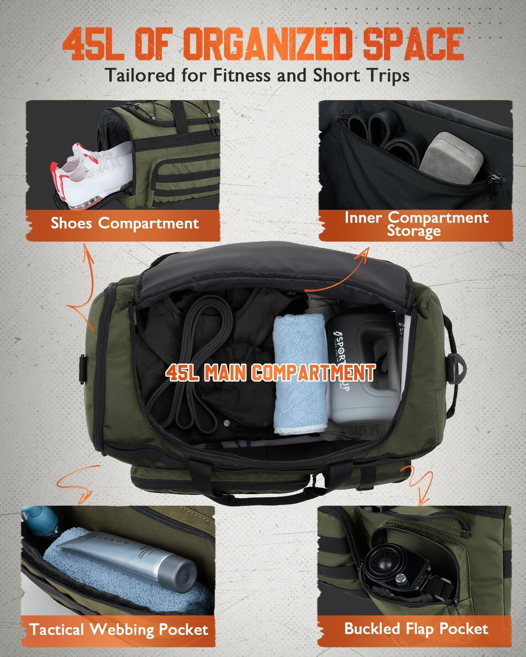 Gonex 45L Sporttasche & Reisetasche Herren, 3-in-1 Tragbar Taktische Trainingstasche mit Schuhfach –