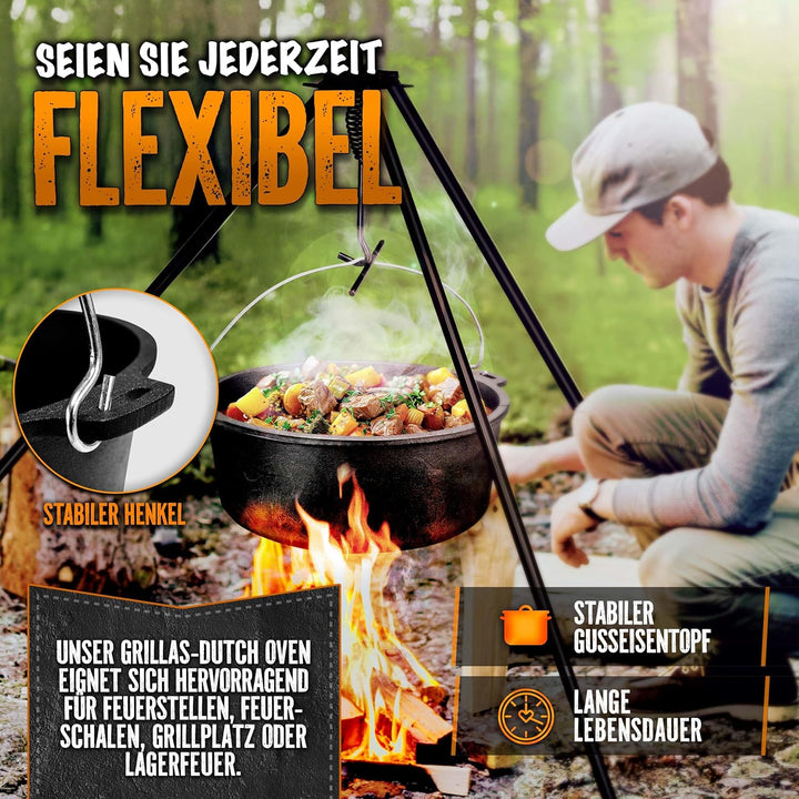 grillas Dutch Oven Set inkl. Rezeptideen | bereits eingebrannt - preseasoned | Feuertopf Gusseisen I