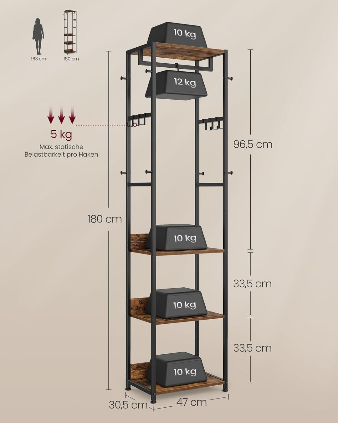 VASAGLE Kleiderständer, Garderobenständer mit Kleiderstange und Haken, Garderobe mit Ablagen, Stahlr