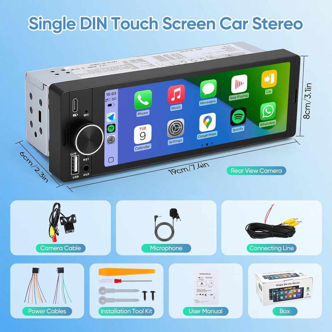 6,3 Zoll 1 DIN Autoradio mit Wireless CarPlay & Android Auto, Rückfahrkamera, Mirror Link, Freisprec
