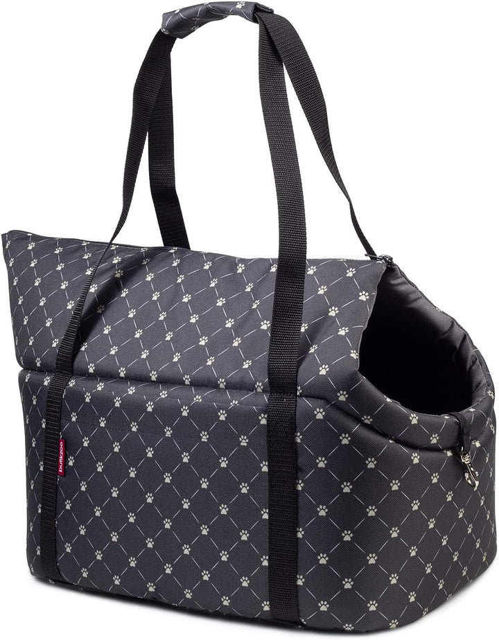 Hundetasche - Schwarz/Muster: Pfoten, M bis 10 kg - Tragetasche für kleinen und mittleren Hund, Welp