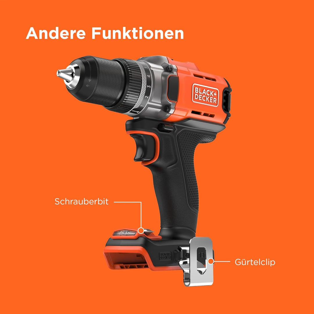 BLACK+DECKER Akku-Bohrschrauber, 18 V, max. Drehmoment 45 Nm, 2 Getriebeeinstellungen, schlüssellose