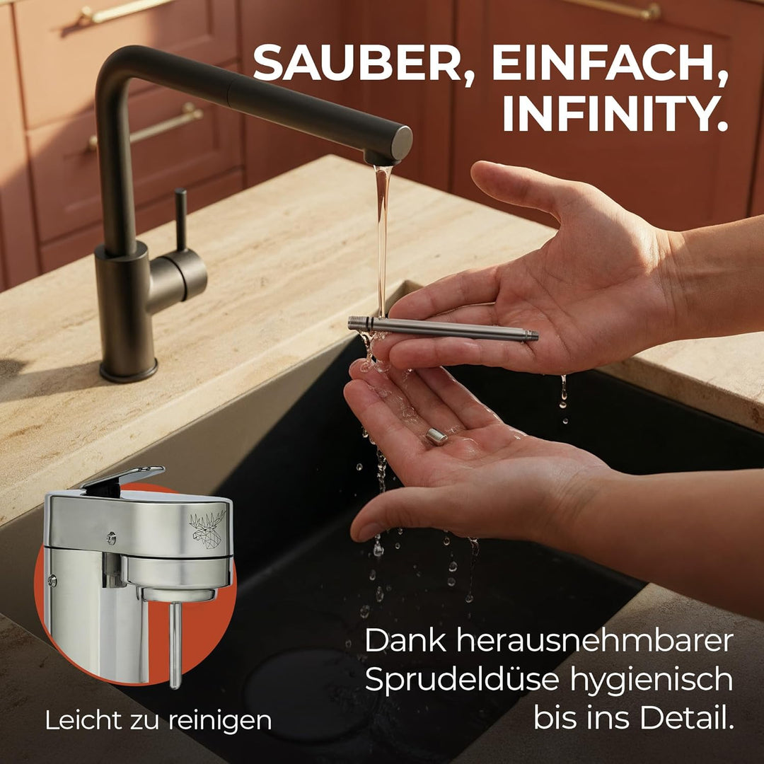 Luckymoose Infinity-S Wassersprudler aus hochwertigem Edelstahl (Silver/Sand) – inkl. 2x 1,25L Edels